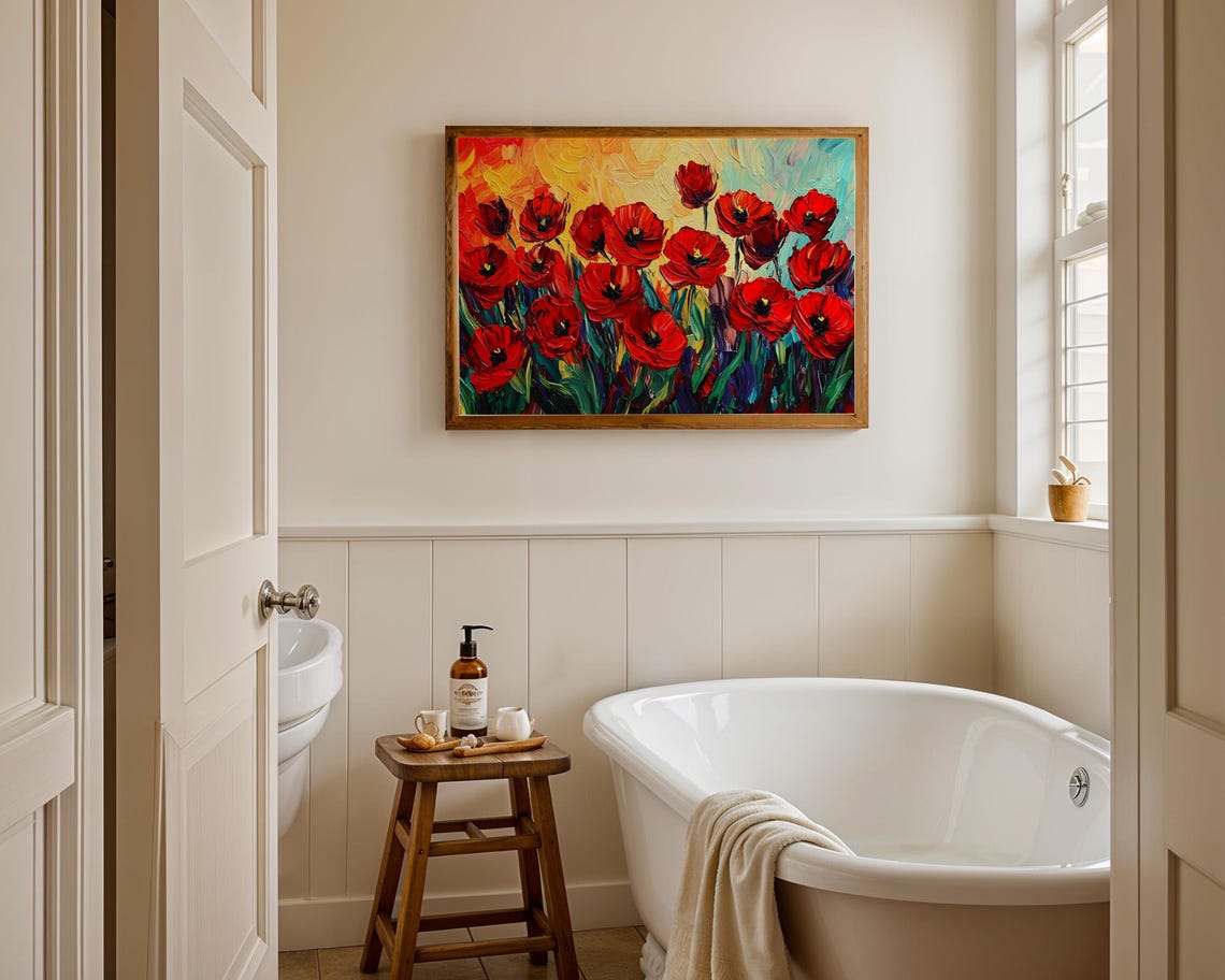 Red Poppies Impasto Oil Painting Bold Floral Field Artwork Poster - Image 2