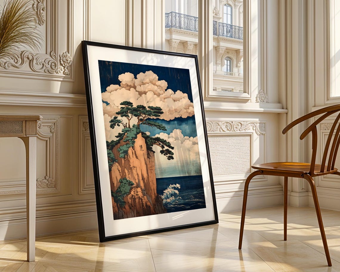 Japanese Pine Trees Cliff Over Ocean Ukiyoe Style Painting Poster - Image 4
