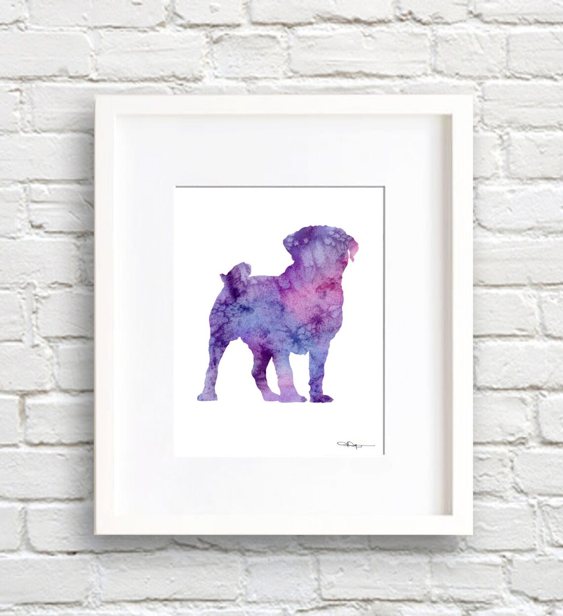 Purple Watercolor Pug Dog Standing Framed Pet Portrait Art Print