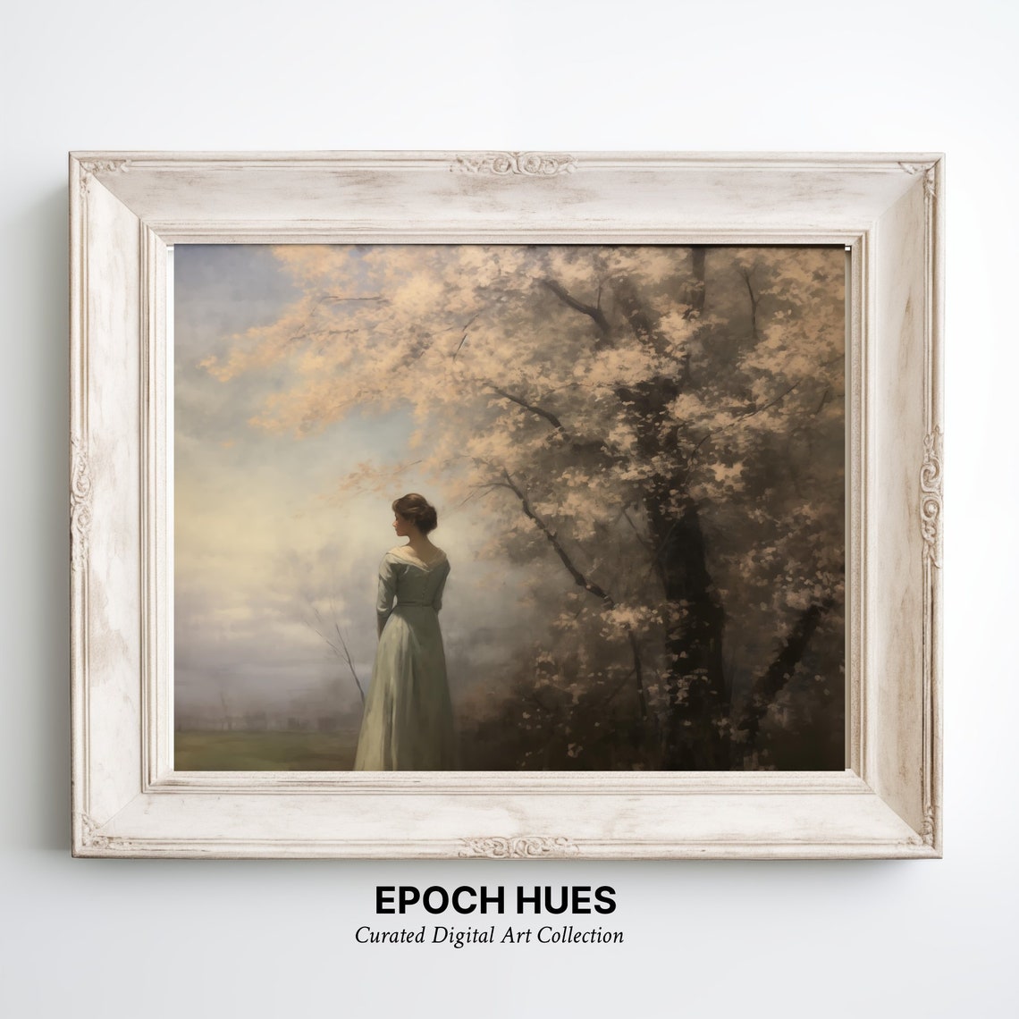 Lady In Sage Green Dress Beneath Blossoming Tree Painting Wall Art - Image 2