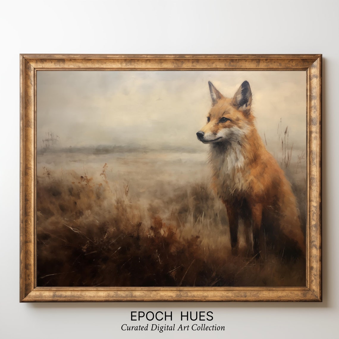 Red Fox Standing in Misty Autumn Field Wildlife Painting Poster