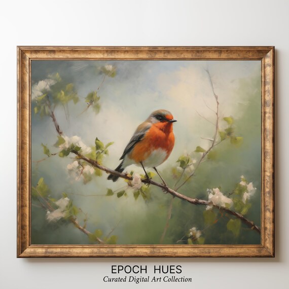European Robin Perched on Blossoming Branch Spring Bird Poster