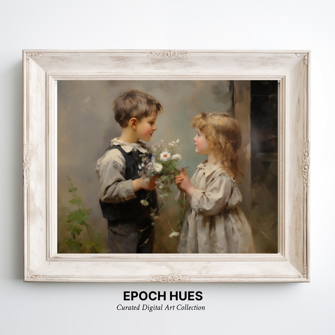 Boy Giving Girl Wildflowers Rustic Doorway Vintage Painting Wall Art - Image 2
