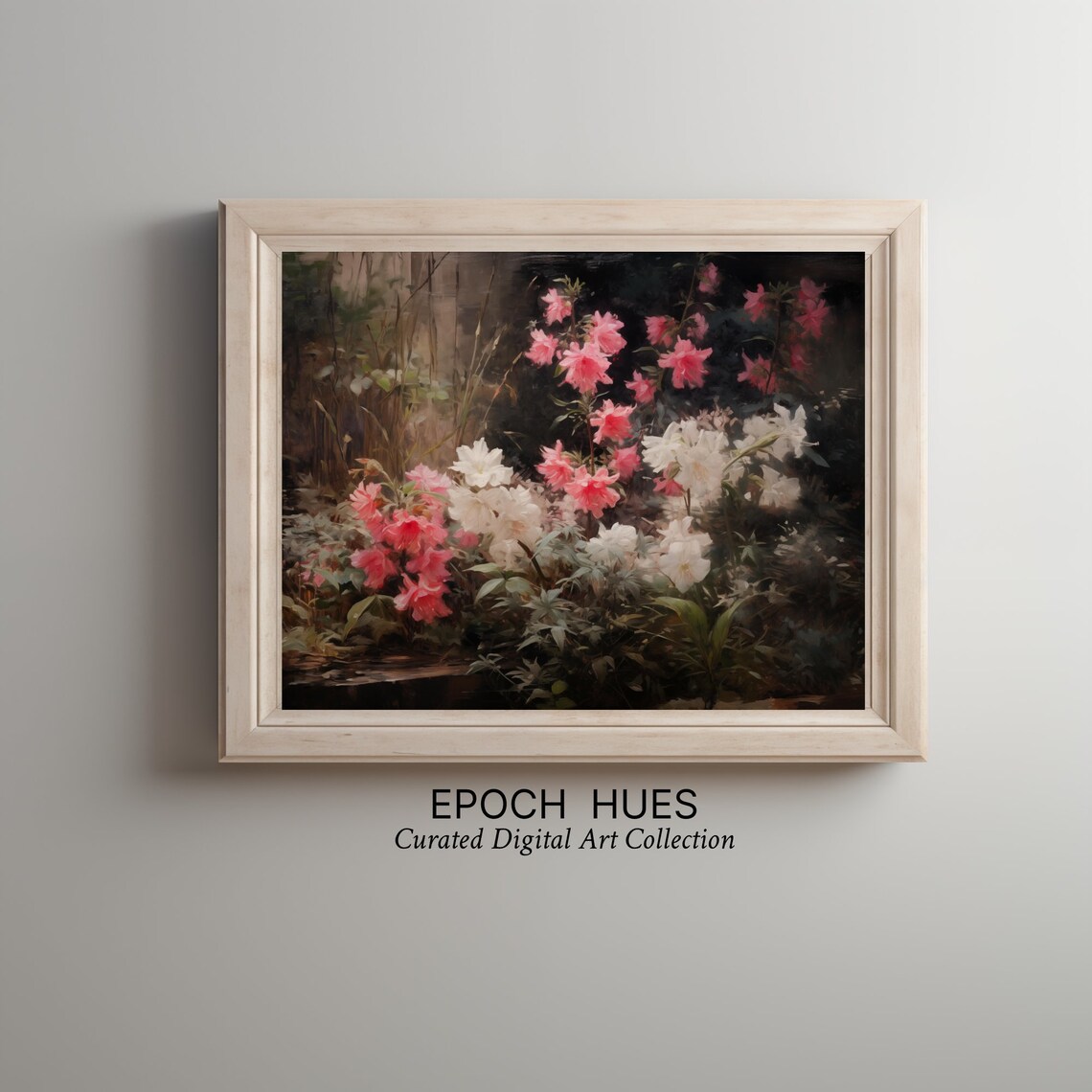 Pink and White Azalea Blooms in Dark Garden Floral Art Poster - Image 2