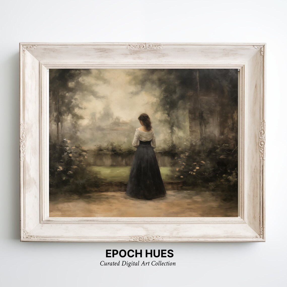 Woman At Misty Garden Pond Dark Skirt Romantic Painting Wall Art - Image 2
