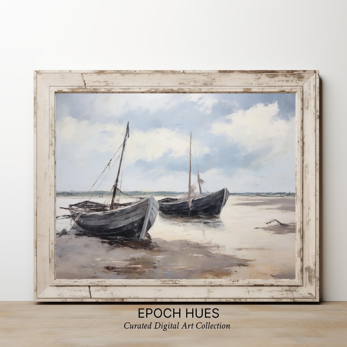 Fishing Boats Low Tide Mudflats Vintage Maritime Painting Wall Art - Image 2