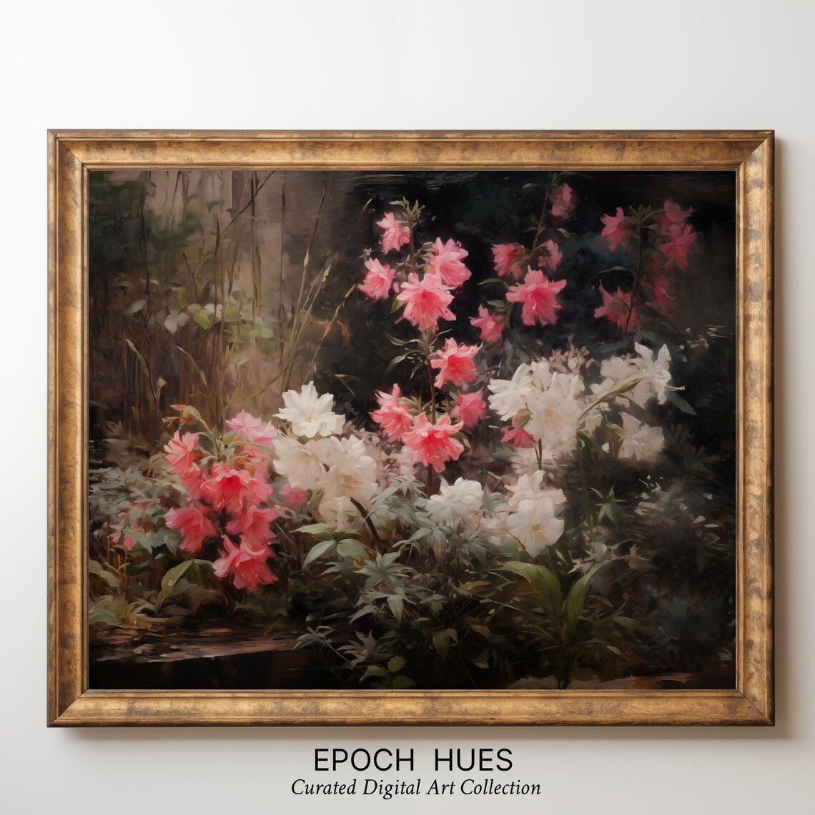 Pink and White Azalea Blooms in Dark Garden Floral Art Poster