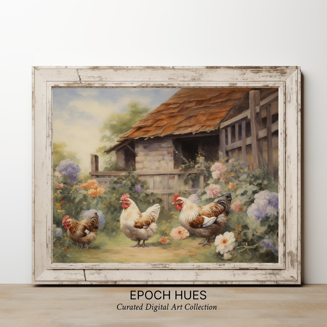 Roosters before Chicken Coop Red Shingle Roof Country Poster - Image 2
