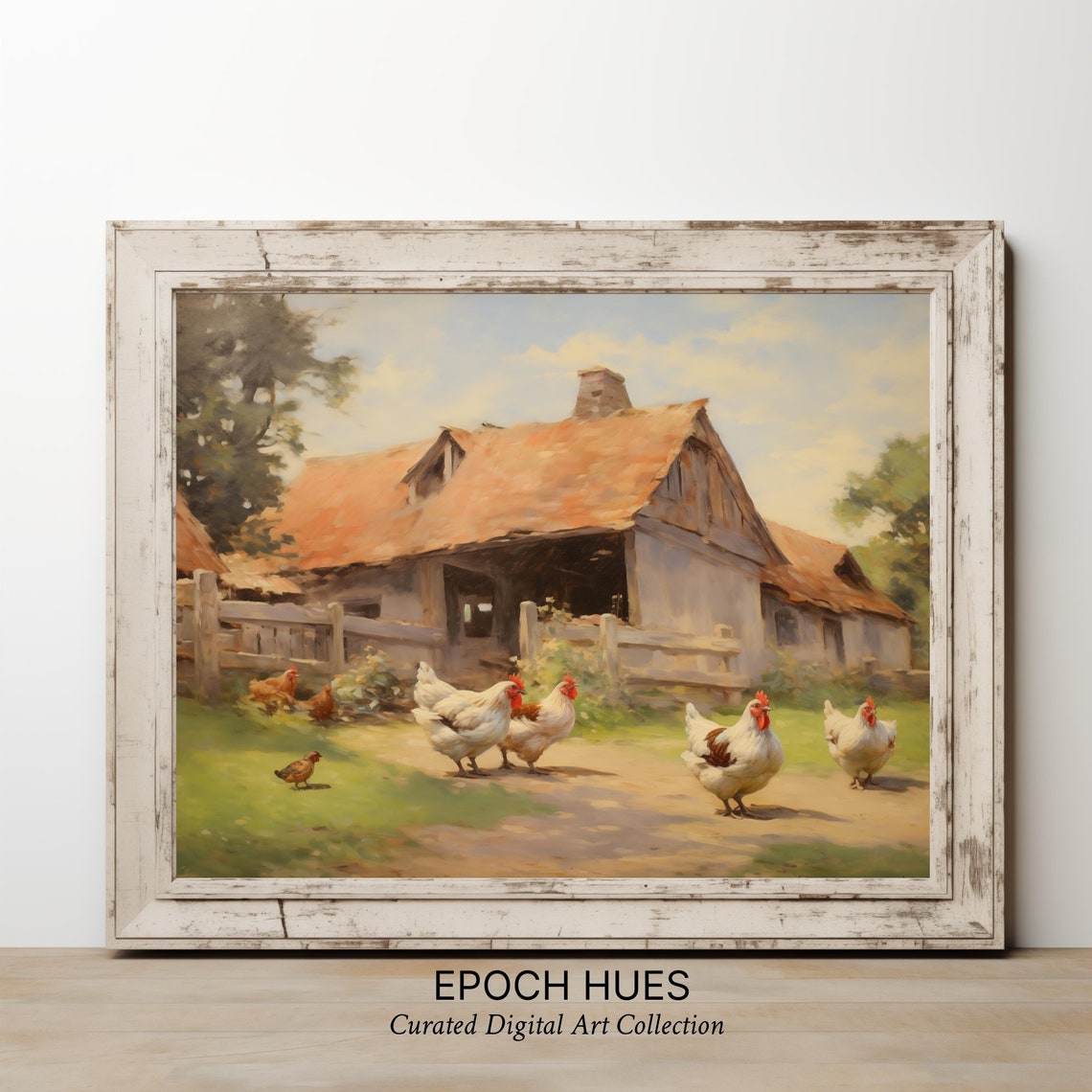 Flock of White Hens in Rustic Barnyard Country Painting Poster