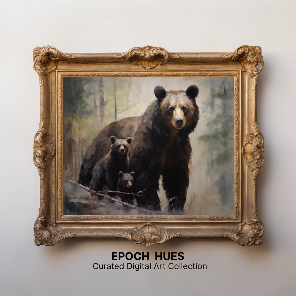 Mother Bear with Two Cubs Misty Forest Wildlife Painting Poster - Image 3
