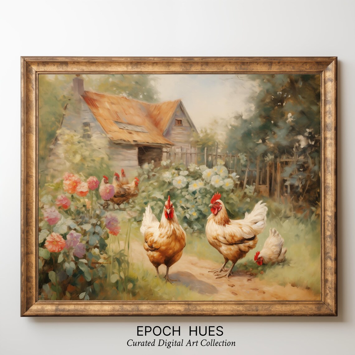Flock of Hens in Garden Path by Red Tile Barn Country Poster