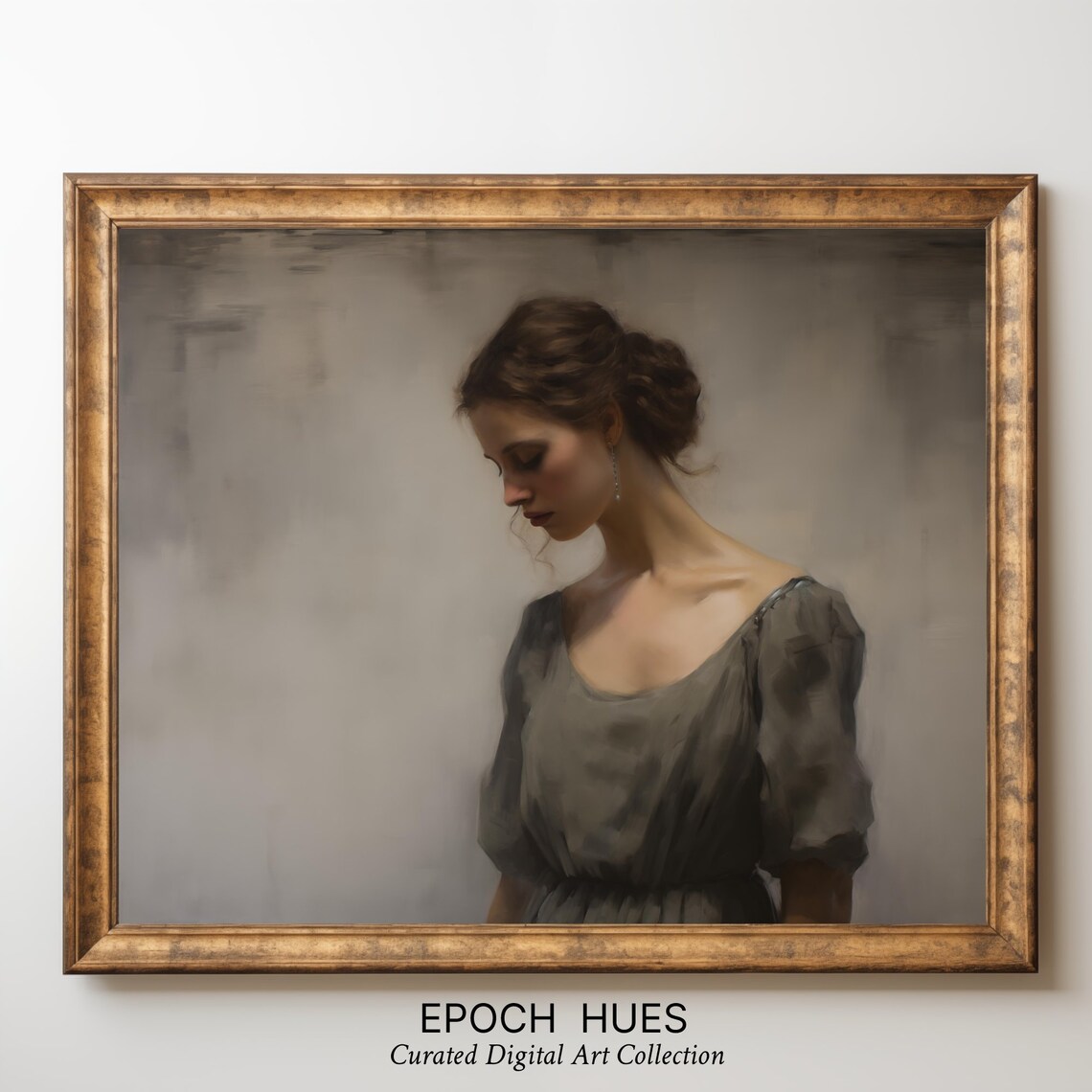 Elegant Woman in Grey Dress Downcast Classical Portrait Poster - Image 3