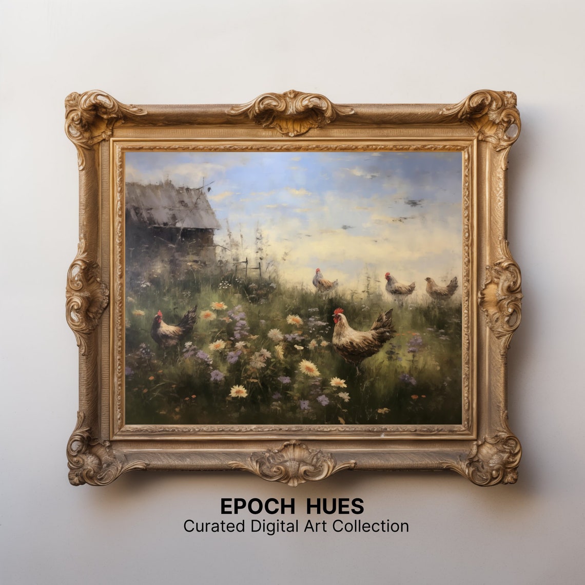Hens Scattered in Wildflower Meadow Old Barn Rustic Country Poster - Image 2