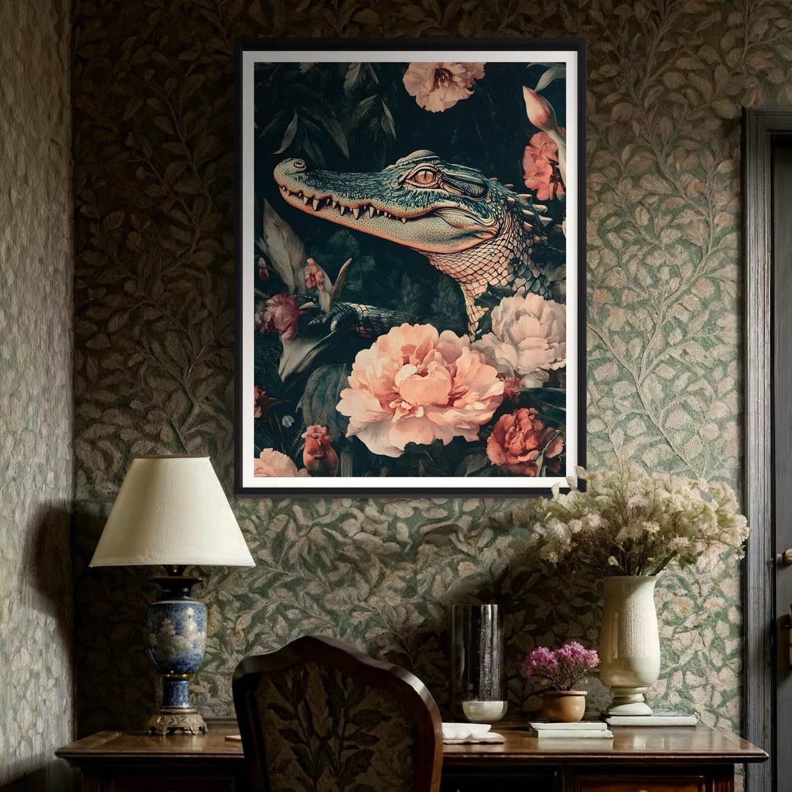 Alligator Tropical Jungle Peony Flowers Vintage Wildlife Poster - Image 3