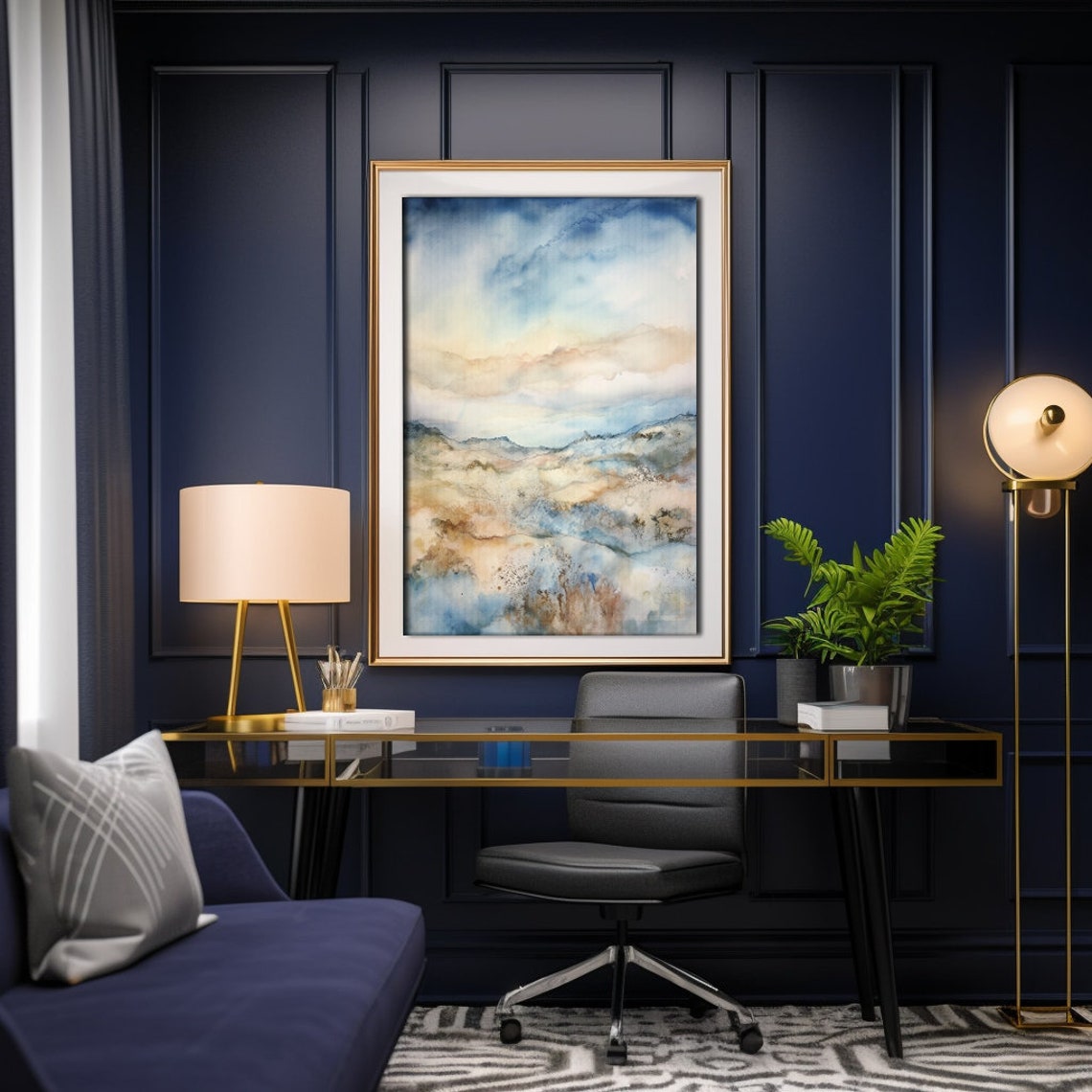 Blue White Gold Abstract Watercolor Coastal Landscape Poster - Image 4
