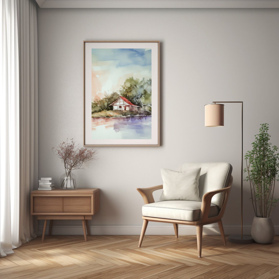 Calm Hut On Lake, Watercolor Boho Style - Image 2
