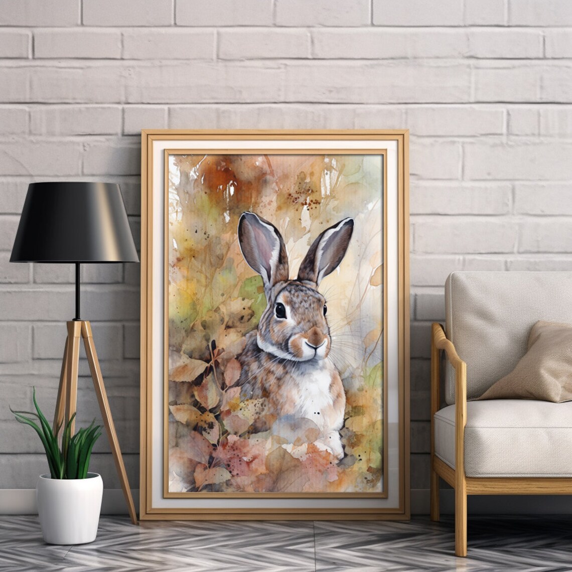 Cute Rabbit Autumn Watercolor Wildlife Bunny Nursery Art Poster - Image 2