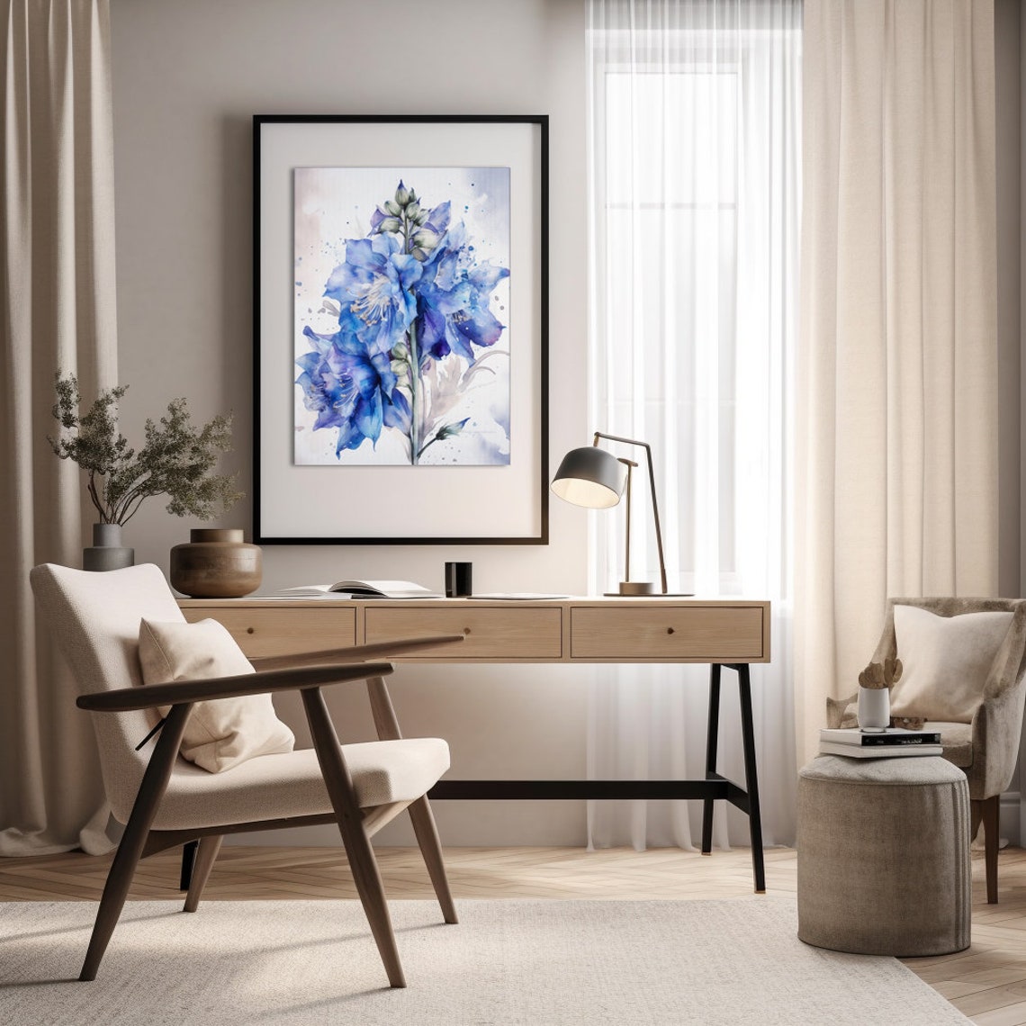 Delphinium Flower Watercolor Painting Realistic Larkspur Flower Watercolor For Hallway Bathroom Living Room Office Delphinium Painting - Image 3