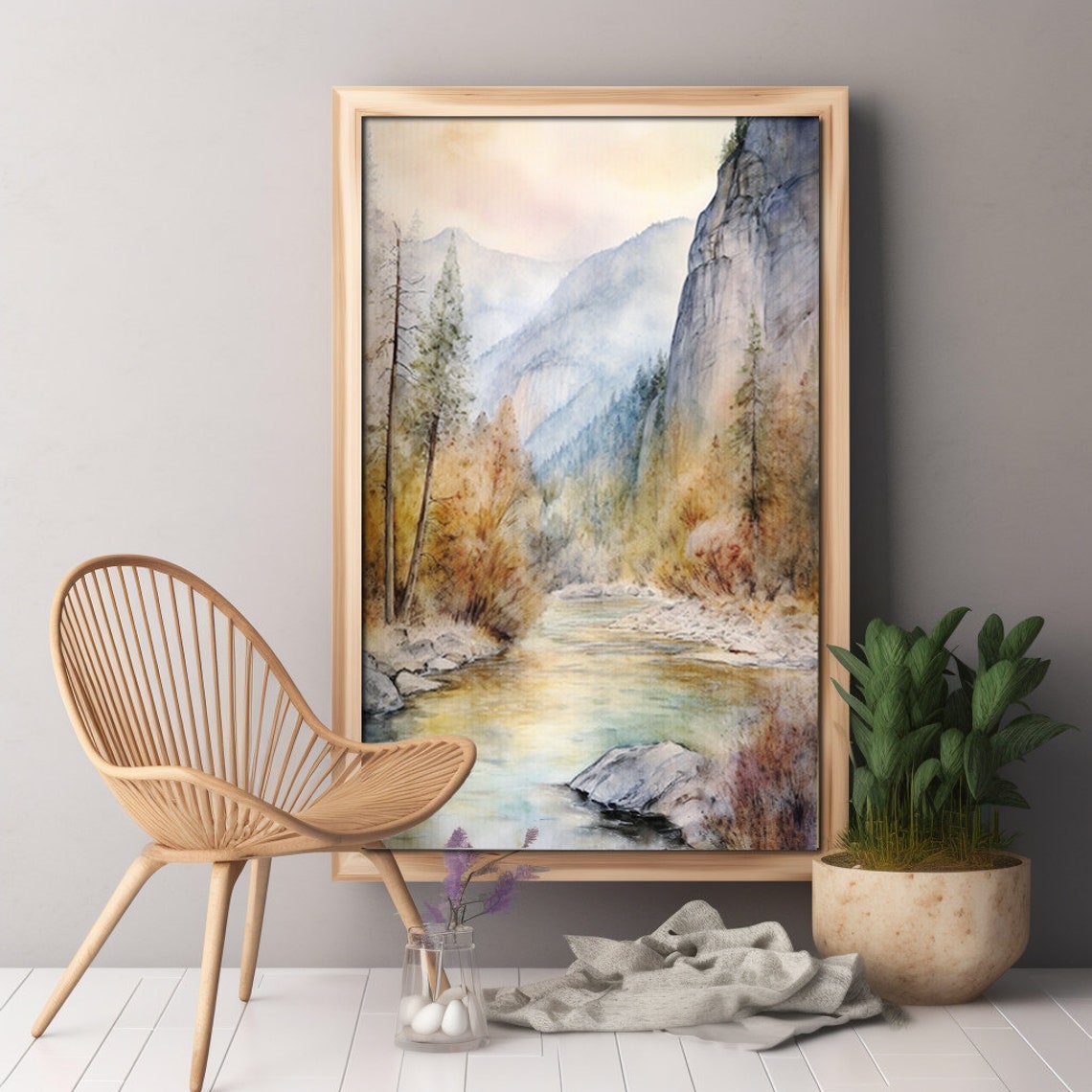 Misty Mountain River Valley Autumn Watercolor Landscape Poster - Image 2