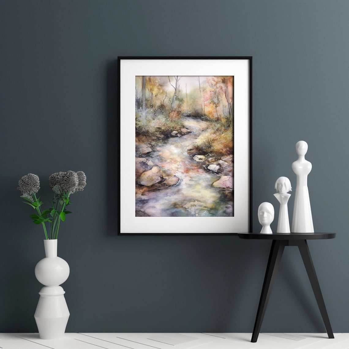 Autumn Forest Stream Rocky Creek Misty Watercolor Nature Poster - Image 4