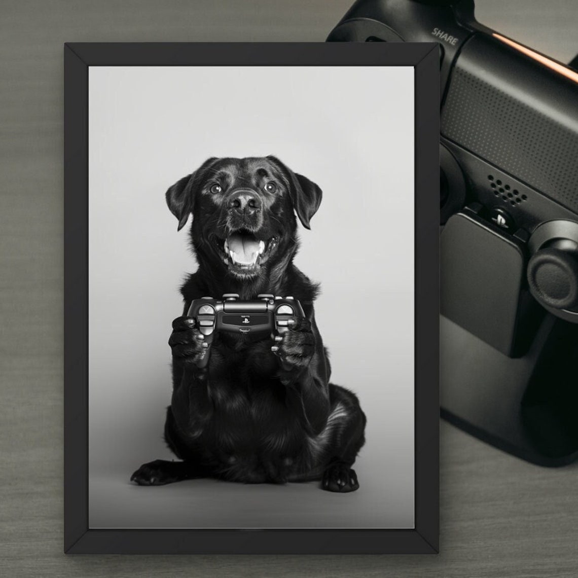 Happy Labrador Dog Gamer Holding a Game Controller Funny Poster