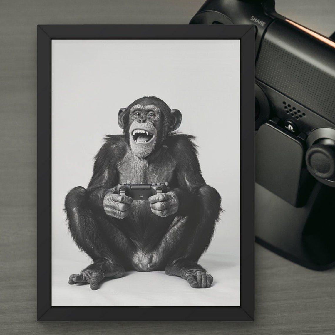 Laughing Chimpanzee Gamer Holding a Game Controller Funny Poster