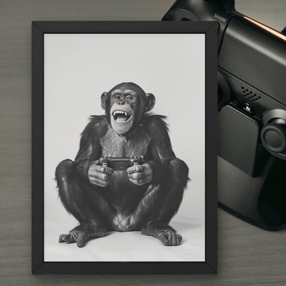 Laughing Chimpanzee Gamer Holding a Game Controller Funny Poster