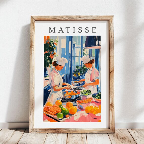 Matisse-Style Two Chefs Cooking Bright Kitchen Vegetables Art Poster