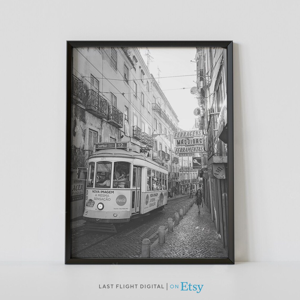 Lisbon Portugal Classic Yellow Tram Route 12 Black White Poster