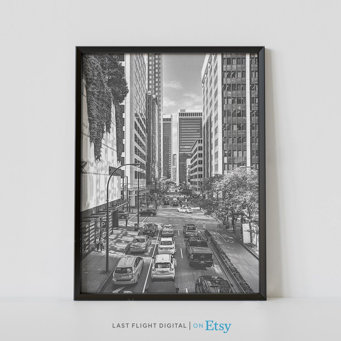 Vancouver Downtown Street Traffic Towers Black And White Photo Poster