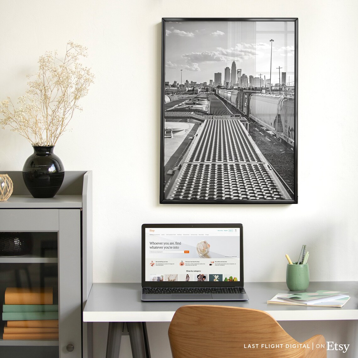 Charlotte North Carolina Train Yard Skyline Black White Poster - Image 5