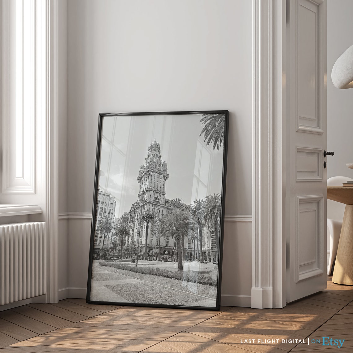 Montevideo Uruguay Salvo Palace Palm Trees Black White Poster - Image 3