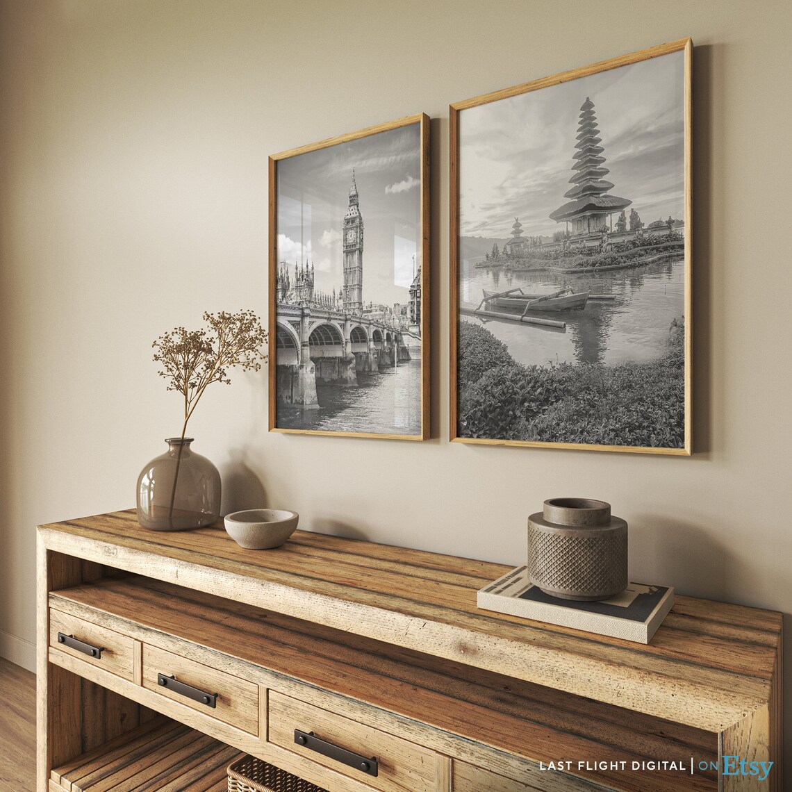 Bali Indonesia Ulun Danu Temple Lake Canoe Black White Poster - Image 2