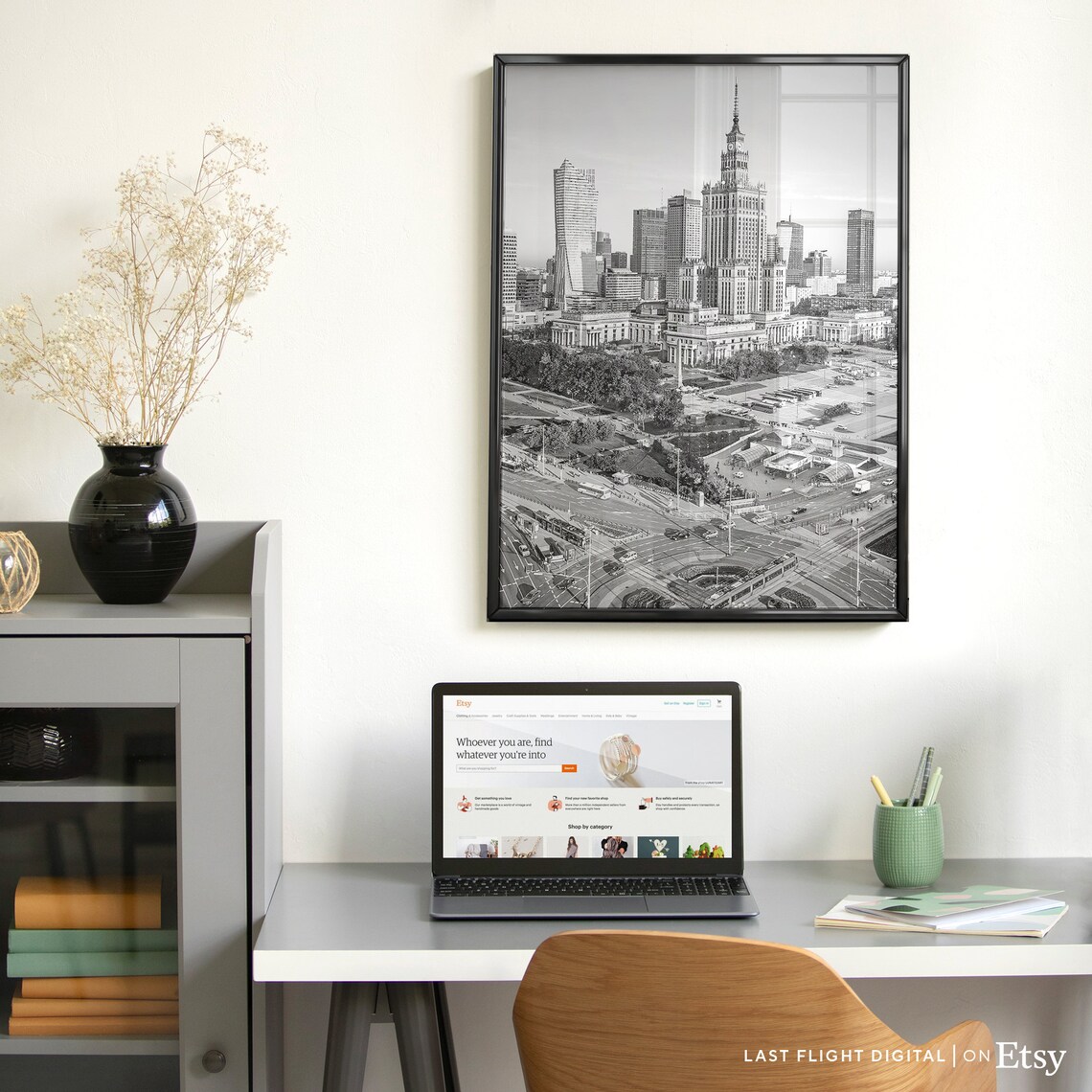 Warsaw Poland Palace Of Culture Skyline Aerial Black White Poster - Image 2