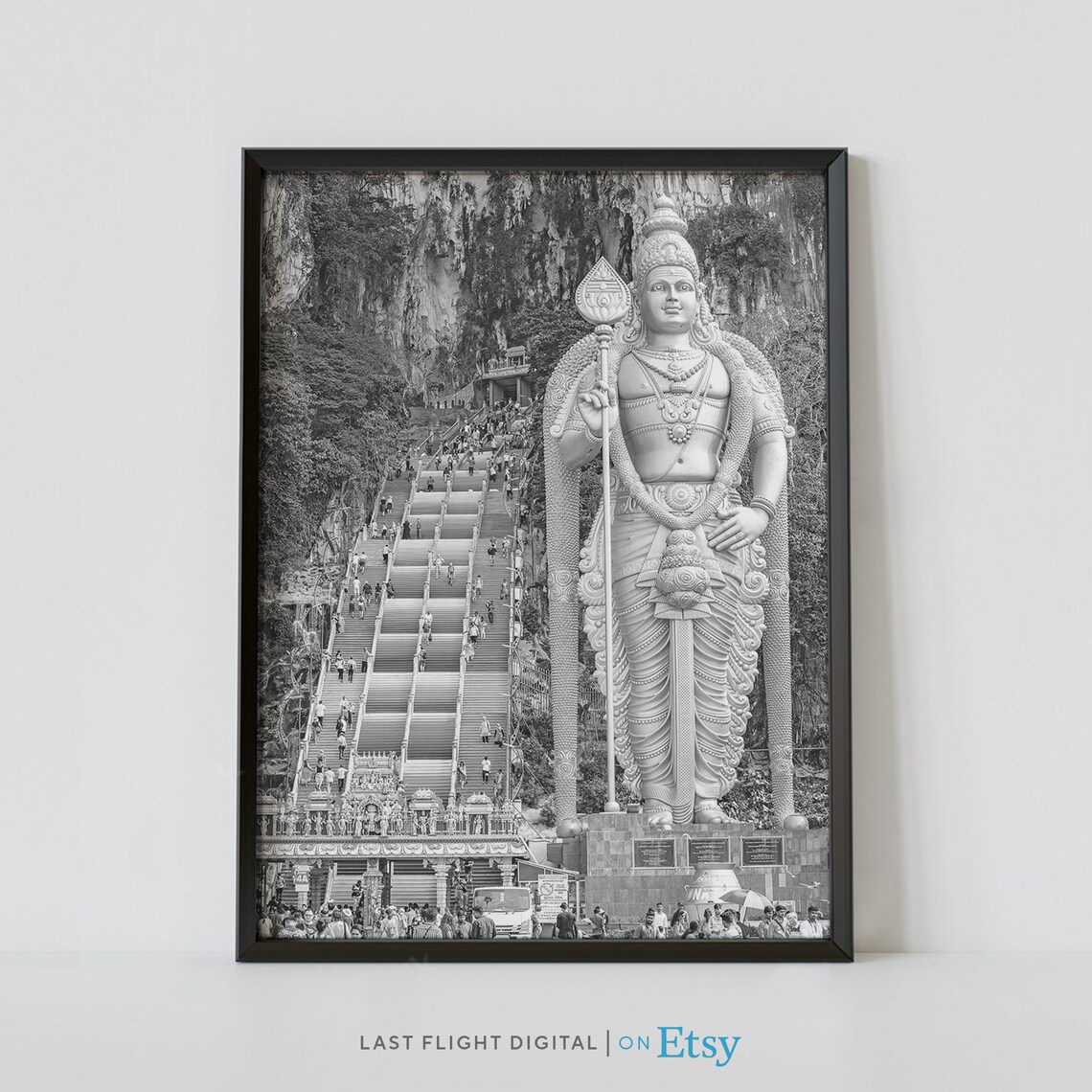 Batu Caves Malaysia Lord Murugan Statue Stairs Black White Poster