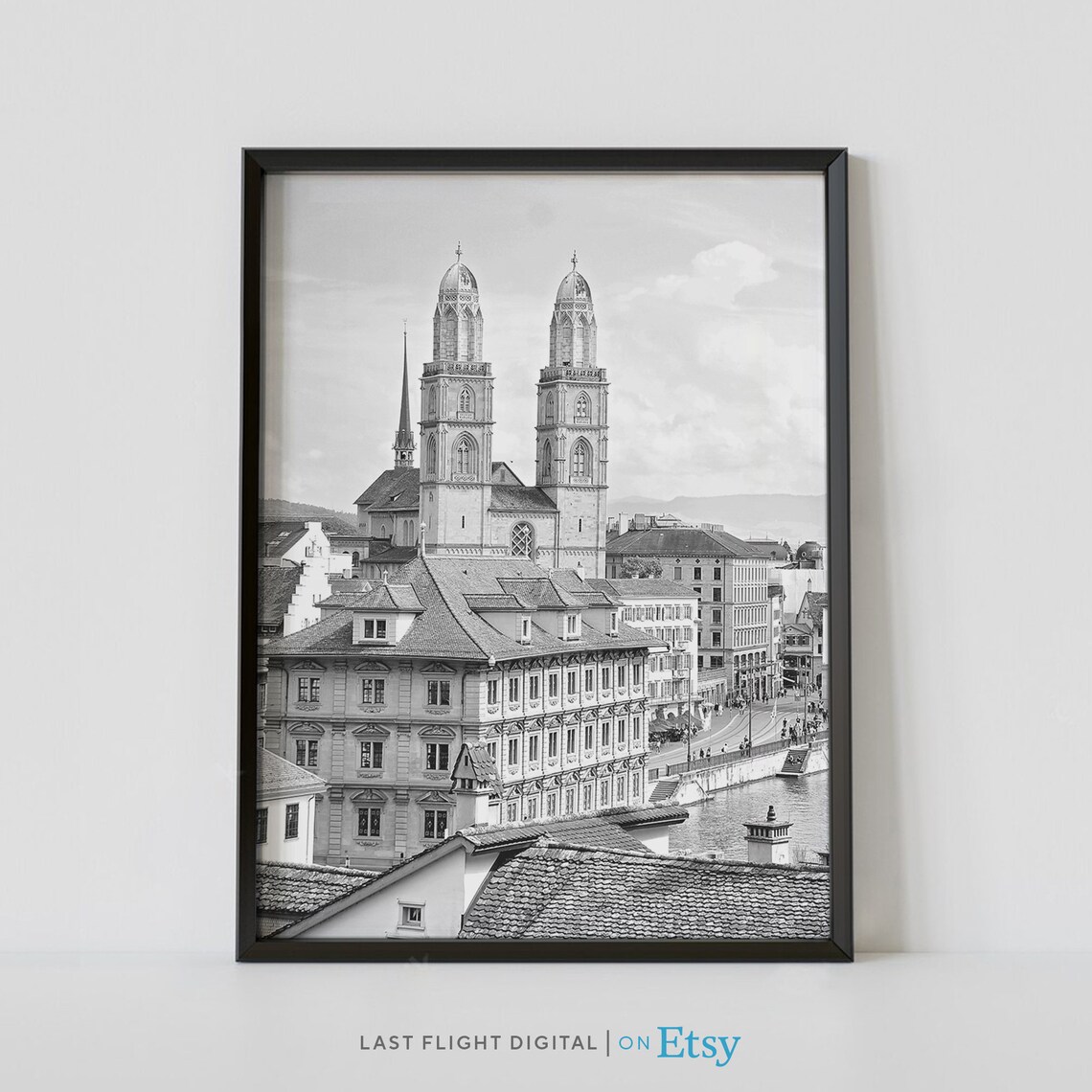 Zurich Grossmunster Twin Towers Old Town Black And White Photo Poster