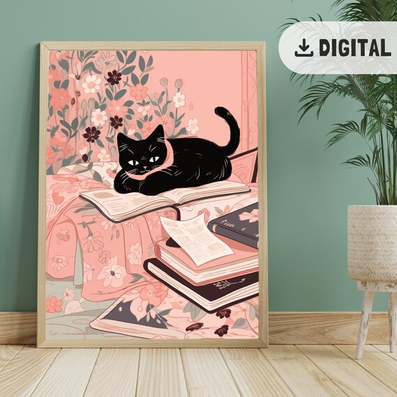 Black Cat on Stack of Books Pink Floral Botanical Reader Cat Wall Art