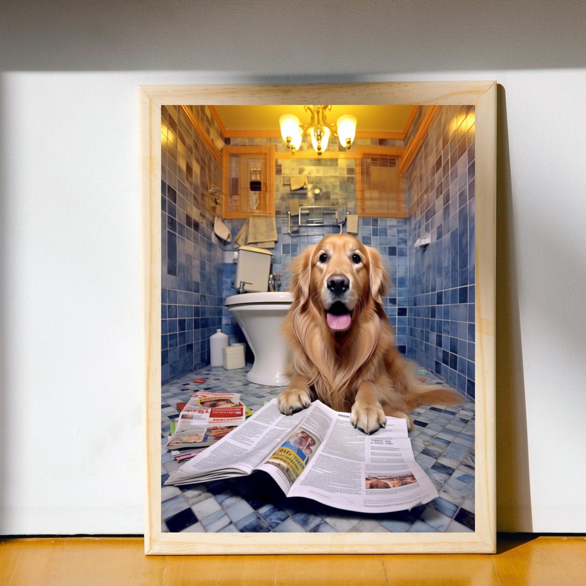 Golden Retriever Reading Newspaper on Bathroom Floor Funny Poster - Image 2