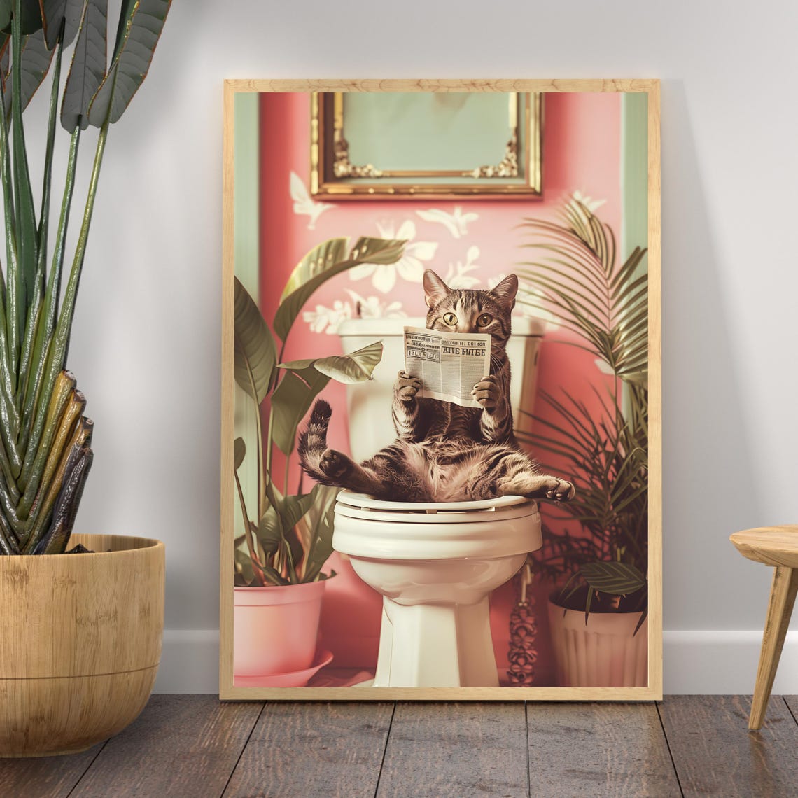 Tabby Cat Reading Newspaper On Toilet Pink Floral Bathroom Poster - Image 2