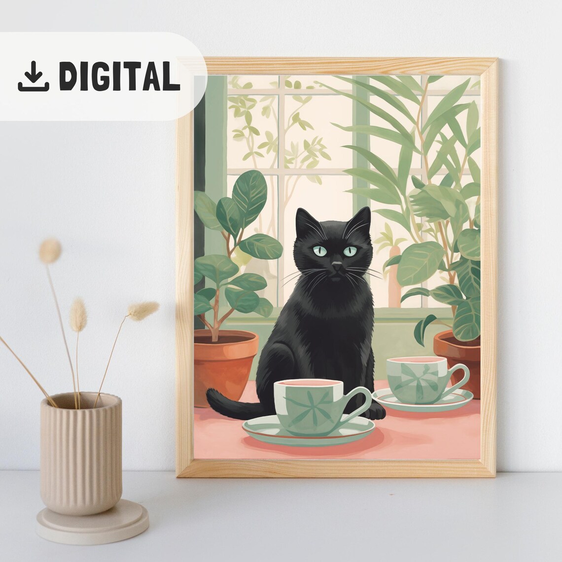 Black Cat Tea Time With Teacups and Plants Window Sill Kitchen Wall Art - Image 2