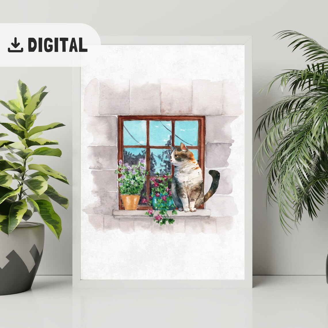 Calico Cat in Rustic Window Watercolor Flower Pots Cozy Kitty Wall Art