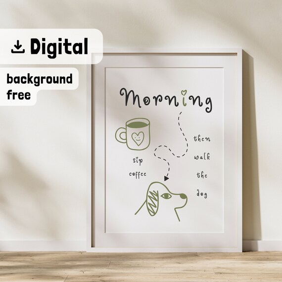 Morning Routine Poster Cute Coffee Wallart Dog Kitchen Decore Funny Coffee Artful Aesthetic Kitchen Wallprint Drawn Coffee Bar Decoration