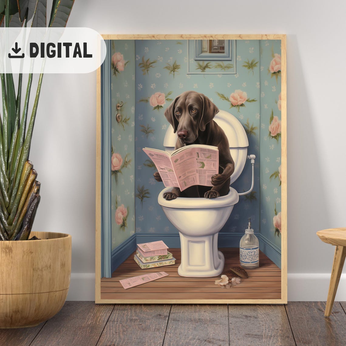 Chocolate Labrador Reading Pink Newspaper on Toilet Funny Poster