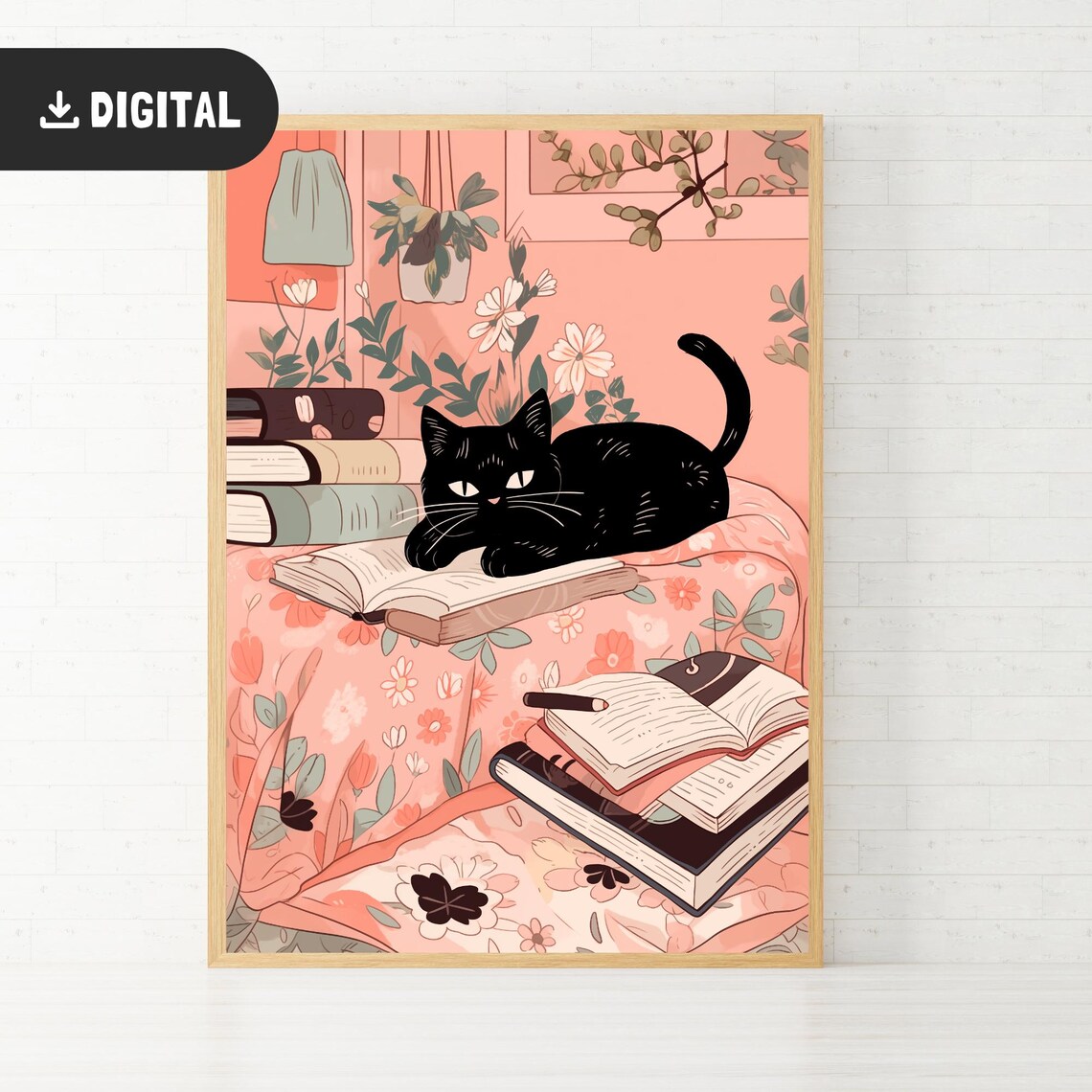 Black Cat With Books Cozy Reading Nook Floral Book Lover Cat Wall Art - Image 2