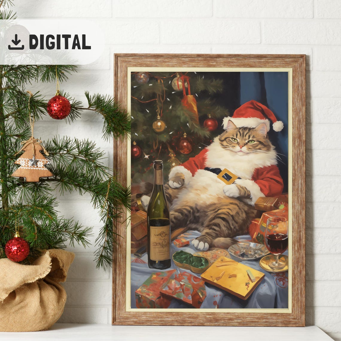 Chubby Tabby Cat Santa Suit Wine Christmas Feast Poster Gift