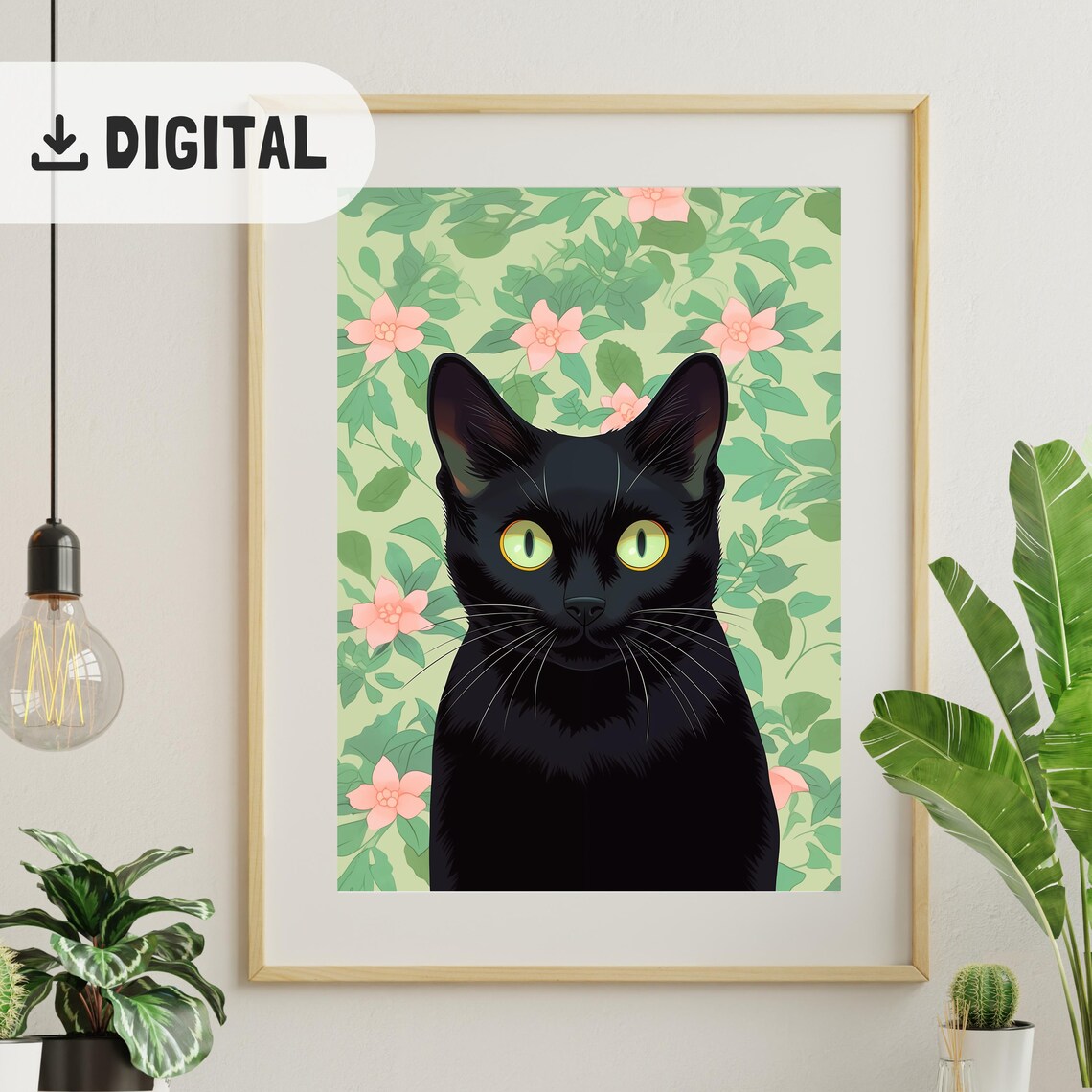 Black Cat Portrait with Green Eyes on Floral Green Background Poster - Image 2