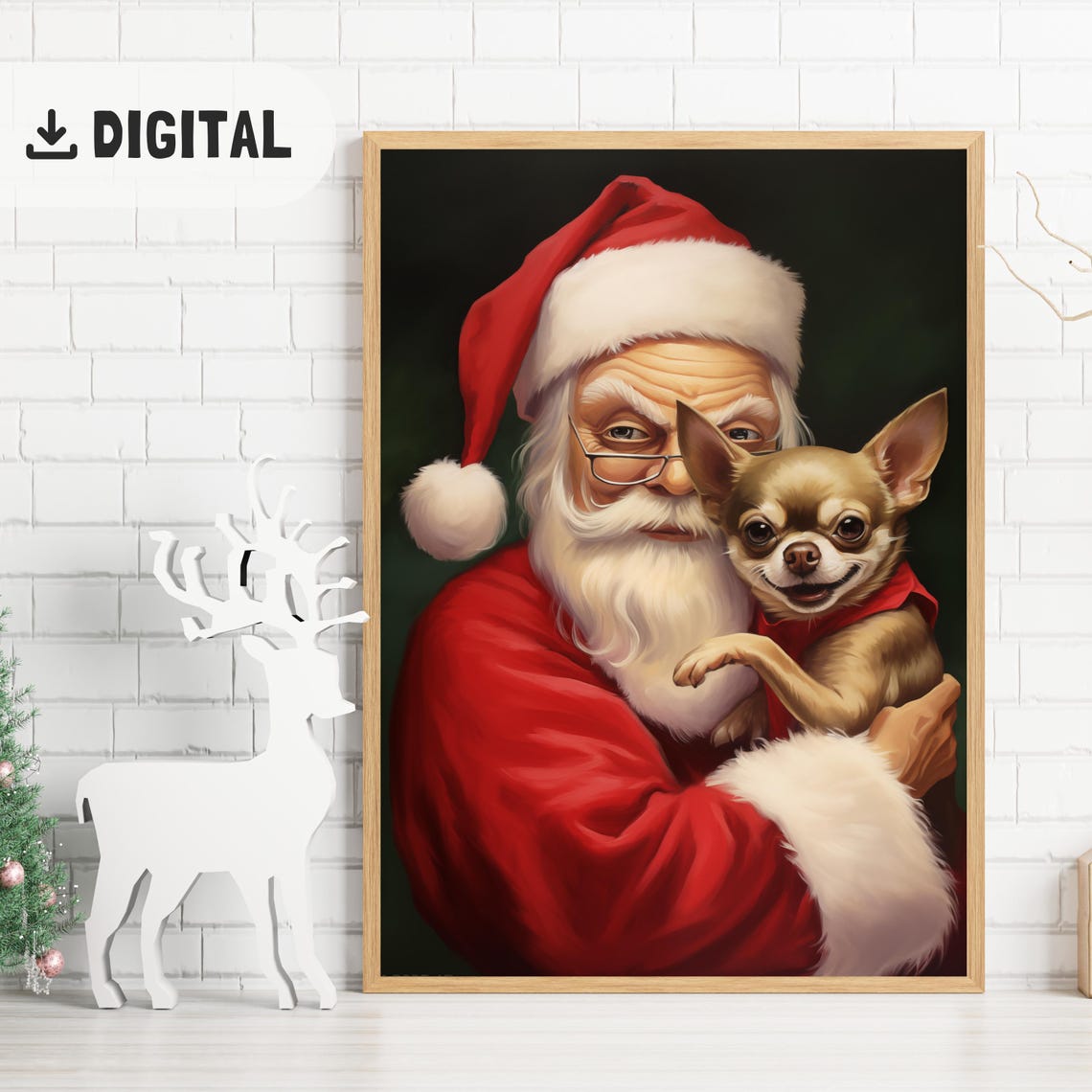 Santa Claus Hugging Chihuahua Dog Vintage Dark Green Christmas Poster - Image 2