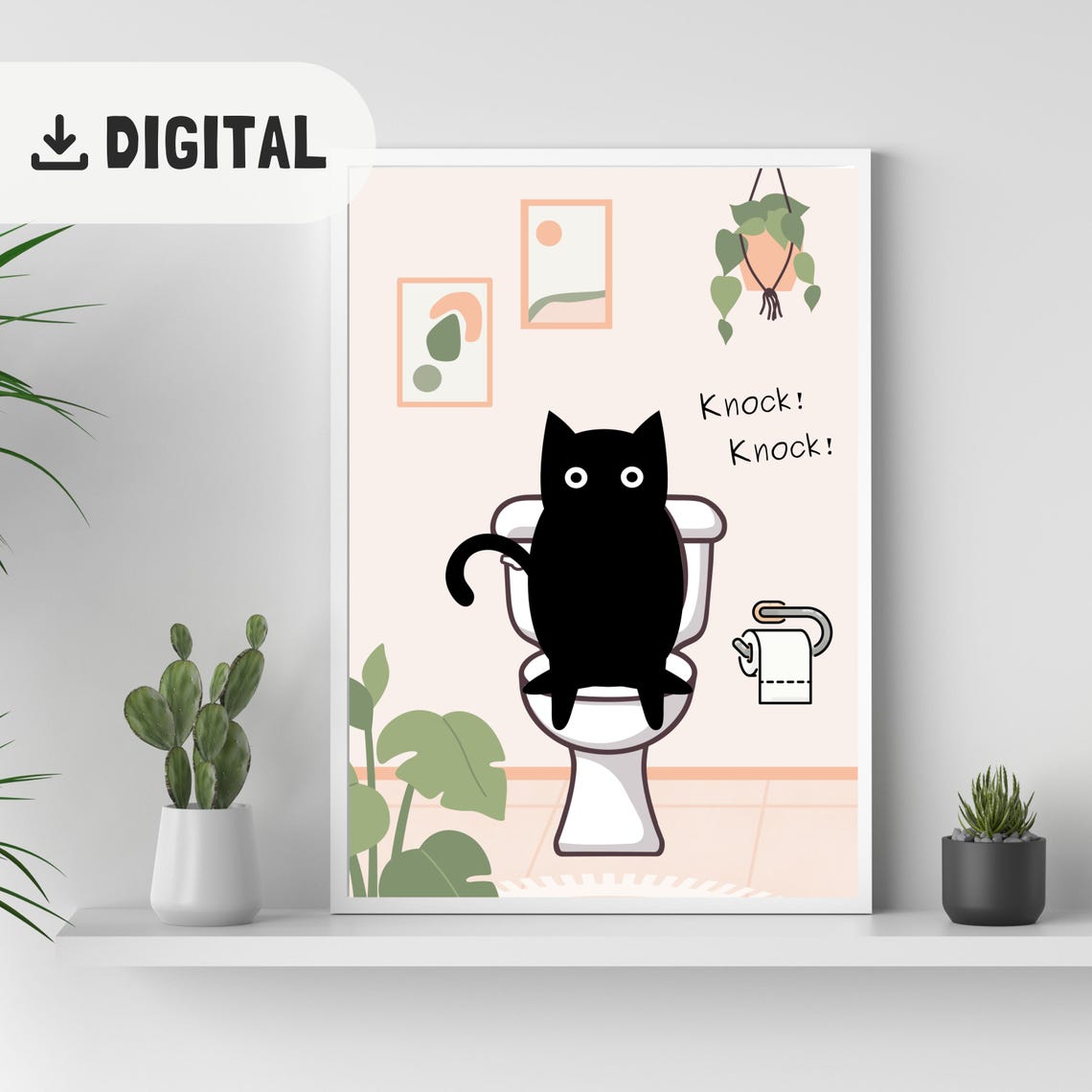 Knock Knock Funny Black Cat Sitting on Toilet Bathroom Humor Poster - Image 2