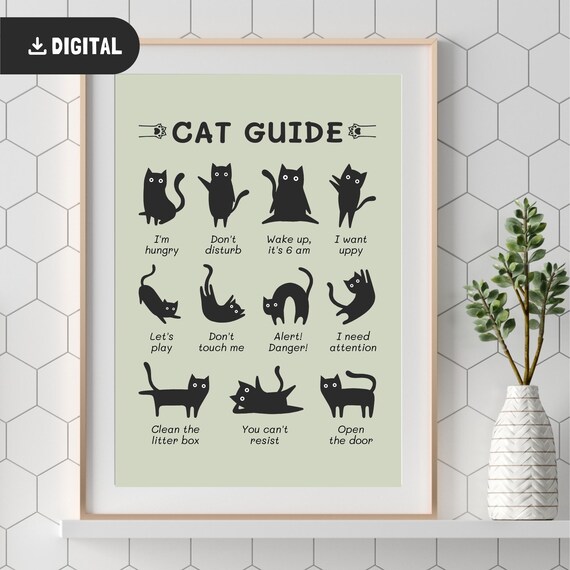 Cat Guide Funny Black Cat Poses and Meanings Chart Poster for Cat Lovers