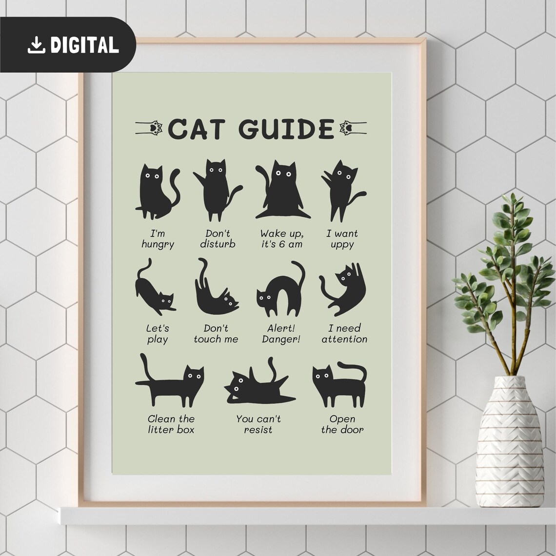 Cat Guide Funny Black Cat Poses and Meanings Chart Poster for Cat Lovers